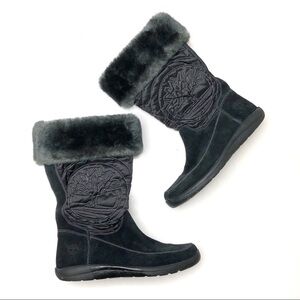 Timberland Suede Hollyberry Pull-On Winter Boot Faux Fur Trim Black 6.5